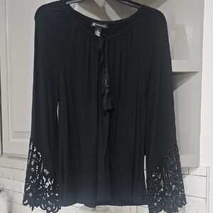 INC International Concepts Black Blouse with Lace Sleeves